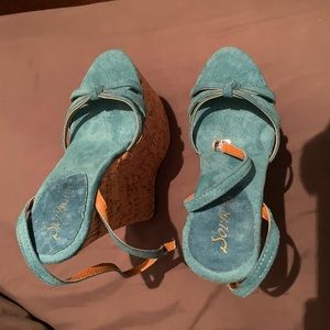 10 inch aqua blue cork high wedge sandals US women size 8
